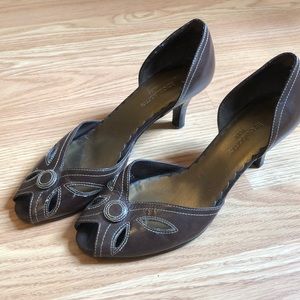 Brown peep toe vintage inspired heels